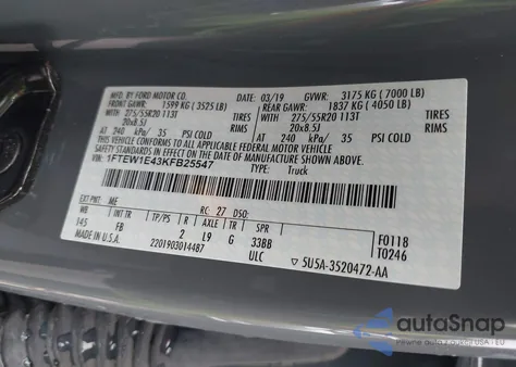 2019 Ford F-150 Xlt from USA, damaged, VIN 1FTEW1E43KFB25547